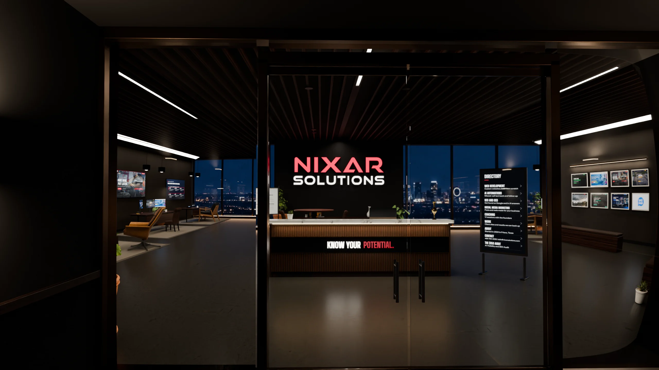 The NIXAR Solutions office at night, seen through its glass doors: the front desk reads Know your potential, and the lit NIXAR SOLUTIONS sign hangs over the city
